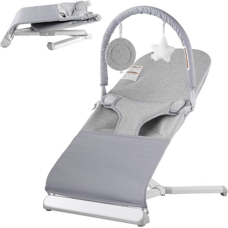 Transat Bébé 0-9 Mois Siège Transat Pliable Nouveau-né avec 2 Angles d'Inclinaison, Barre de Jouets Rotative, Sac de Transport, Transat Portable Bébés, pour Intérieur, Extérieur, Gris Clair (1/5)