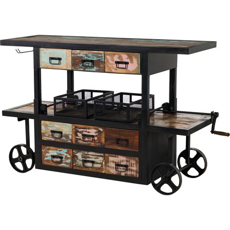 Massivmoebel24 – Bar en bois de récupération laqué multicolore 168x56 cm – Style industriel – 9 tiroirs et casiers pour bouteilles – Hauteur réglable jusqu'à 102 cm (1/3)