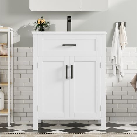Waschtischunterschrank modern stehend 60 x 46 x 84,8 cm aus weiß lackiertem MDF mit Keramikwaschbecken, 2 Türen und 1 Schublade (1/5)