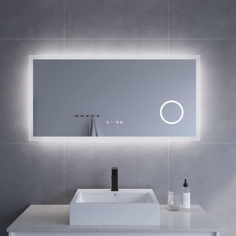 Badezimmerspiegel mit Licht Schminkspiegel Digital Uhr 120x60 cm Badspiegel mit LED Beleuchtung Kaltweiß für Wandschalter Licht Spiegel Antibeschlag Wandspiegel Touch Sensor Dimmbar (1/5)
