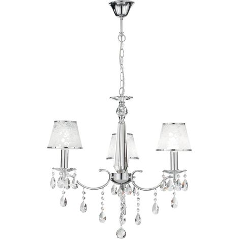 "Lampadario BOEME in metallo cromato e cristalli con tre paralumi glitterati" (1/2)
