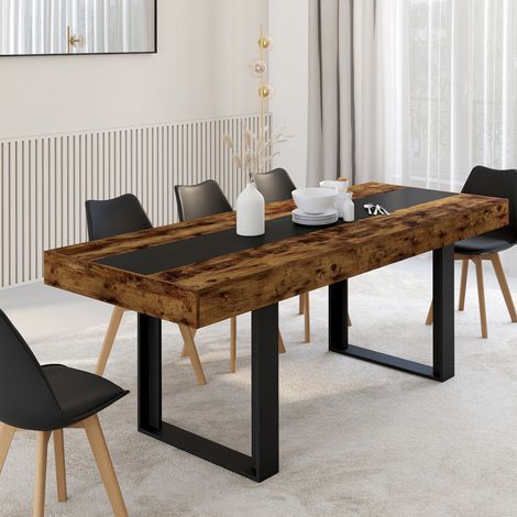Mesa de comedor extensible PHOENIX 4-8 personas Madera envejecida y negra Banda central negra 160-200 cm