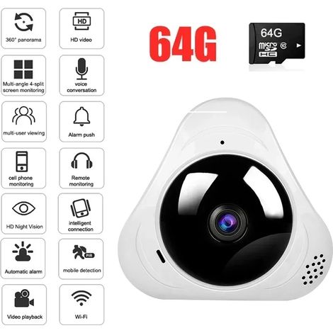 (64 Go) Caméra panoramique WiFi fisheye 360°, protection de sécurité, maison intelligente. (1/5)
