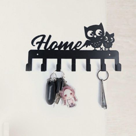 Porte-clés mural Command Hooks en métal style hibou vintage, avec 7 crochets, noir, pour la maison. (1/4)