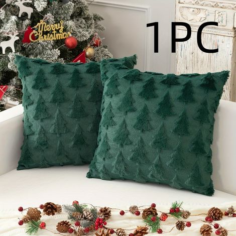 1pc Housse de Coussin Décorative de Noël 45.72x45.72 cm - Peluche Réversible en Fausse Fourrure Jacquard avec Motif d'Arbre de Pin Vert & Blanc, Ferme (1/5)