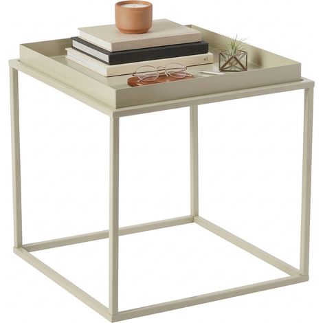 Tavolino da Salotto Lorsica, Forma Quadrato, Materiale Piano in Metallo, Colore Ripiano Bianco, 45x45x52h cm Bianco Crema