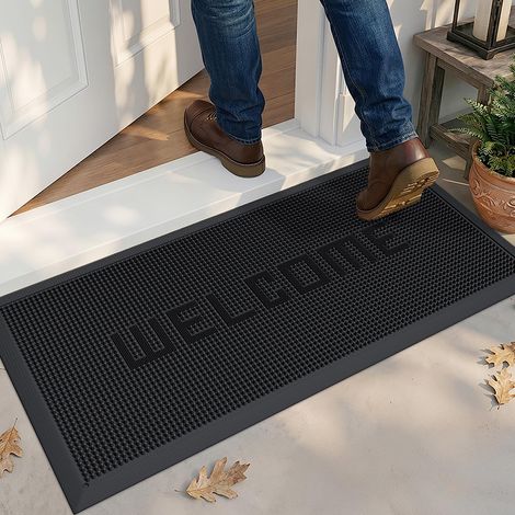 Paillasson Exterieur Entree, Tapis Entrée 43x90cm Noir Bienvenue  Caoutchouc Antidérapant, Rainures et Trous de Drainage, Durable et Facile à Nettoyer, pour Entrée, Jardin, Balcon et Garage (1/5)