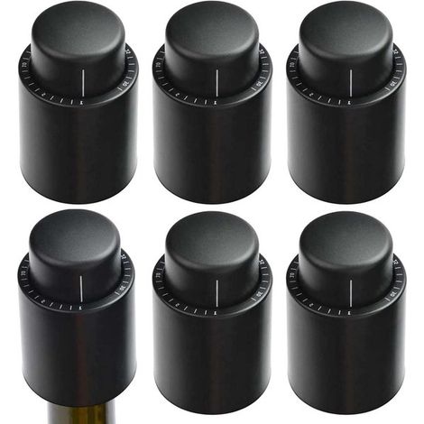Tapones para botellas de vino (juego de 6) - Tapones al vacío con fechador y bomba de vacío - Tapones reutilizables para champán y vino - Negros