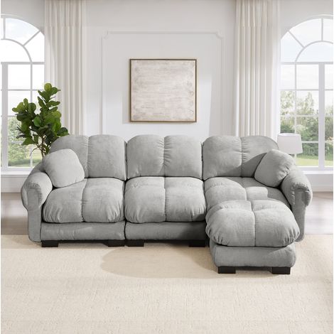 Ecksofa 3-Sitzer hellgrau Chenille mit mobilem Hocker und Steppnähten (1/5)