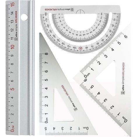 Architect Scale Ruler Set - 4 Pieces Metal, Engineering Drawing Geometry Set, Math Geometry Tool, Protractor, Triangular (Silver) (1/4)