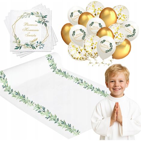 Set de comunión, globos de santa comunión, camino de mesa, servilletas de eucalipto, estilo bohemio IHS (1/5)