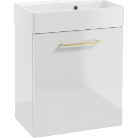 Meuble de salle de bain suspendu avec vasque 60x50cm Blanc brillant, poignées dorées Elara (1/5)