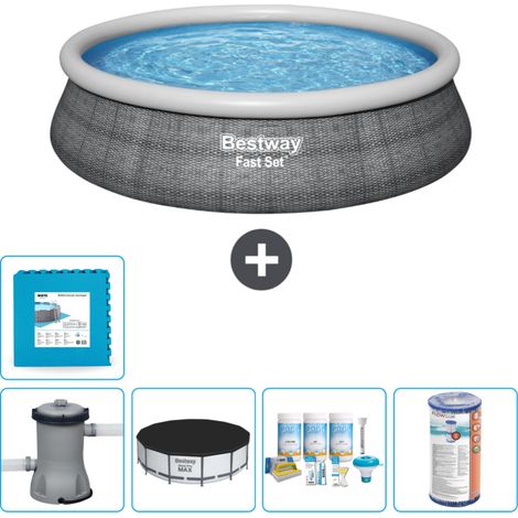 Piscine gonflable ronde Bestway à réglage rapide - Imprimé rotin - 457 x 84 cm - Comprend des Accessoires CB12 (1/5)