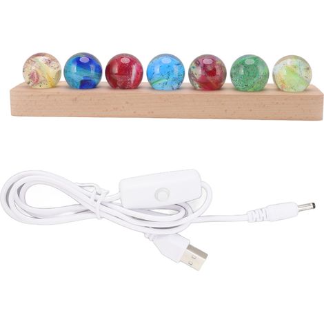 Lampe boule lumineuse 3D effet coloré, procédé peinture variation, LED intégrée, verre et hêtre sapelli, socle carré en hêtre, décoration intérieure.