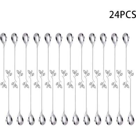(Service de 24 pièces en argent) Cuillère à thé en forme de feuille, fourchette à thé, couverts à long manche en acier inoxydable, cuillère à glaçons, fourchette longue, cuillère à dessert, fourchette (1/5)