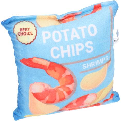 Jouet pour chien en peluche en forme de chips, avec hochet intégré, résistant aux morsures, en forme de sac à friandises, pour chiot, couleur crevettes fraîches bleues. (1/5)