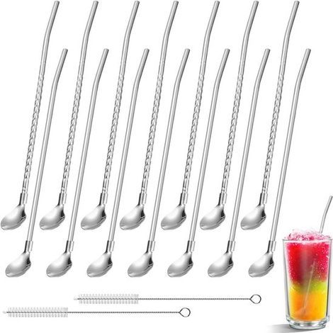 Lot de 14 pailles avec cuillère – Acier inoxydable, réutilisables avec 2 goupillons de nettoyage – Pour glaces, milkshakes, cocktails, smoothies (1/5)