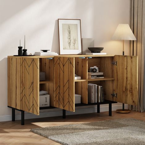 Tkopy - Buffet salon 120x35x70 cm, console entree, buffet salle a manger, armoire à trois portes, avec compartiments de rangement, style contemporain, couleur bois naturel (1/5)