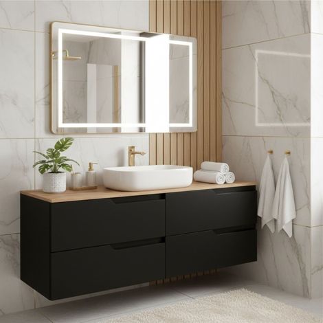 Meuble de salle de bain suspendu 160 cm, noir et brun, plan de toilette, 4 tiroirs, façades en MDF, sans vasque – MODERN