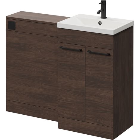 Napoli 390 Cento Brown Oak 1100mm 2 Door Vanity Unit Toilet Suite with Glide Basin - 1100mm - Matt Black 160mm HandleWithout Kingston Toilet Pan