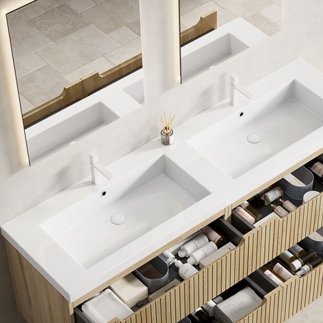 160cm GREA Doppelwaschbecken, Ohne Unterschrank, Ohne Wasserhahn und Abflussarmaturen, Weiß (1/4)