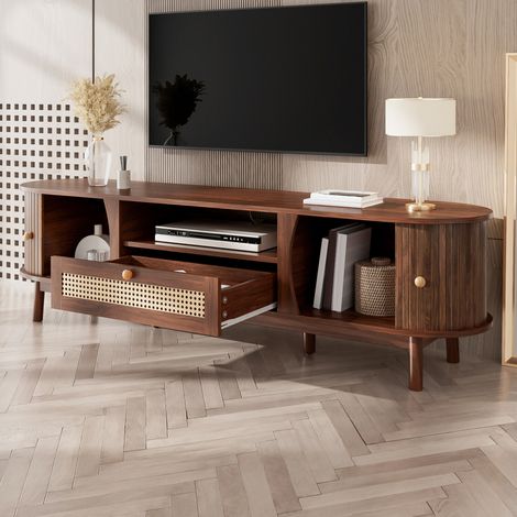 TV-Schrank 165x37x46 cm Nussbaum MDF mit Rattanfront, Schiebetür, Schubladen und Stauraum (1/5)