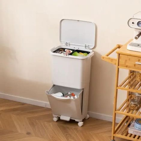 Poubelle de tri noire 24,5 L avec 2 bacs amovibles et compartiment basculant 15,5 L, pédale et 4 roues pour cuisine et salon (1/4)