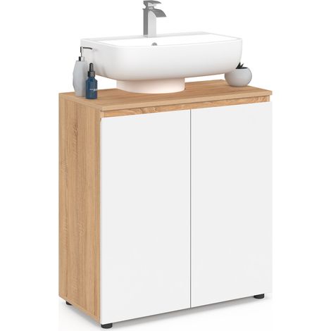 Meuble sous lavabo salle de bain TOMI façon hêtre et blanc (1/5)