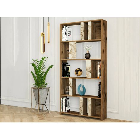 Dmora - Libreria Algieba, Scaffale da ufficio, Mobile portalibri, Biblioteca, 90x20h180 cm, Noce e Bianco Marmo, con imballo rinforzato, con imballo rinforzato (1/5)