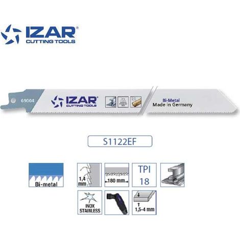 Lame scie sabre Izar S1122EF bimétal (Pack de 5) pour inox 200 mm 18 TPI