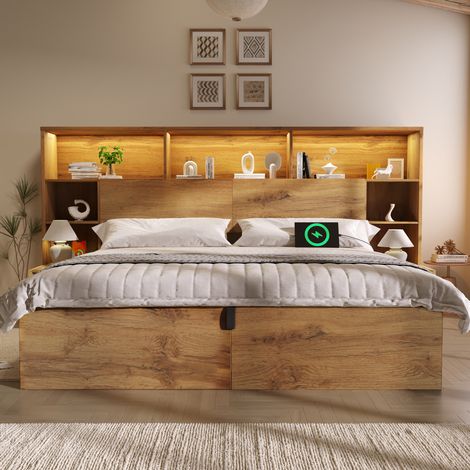 Doppelbett 217x234x119 cm, mit LED-Beleuchtung, Ladeanschlüssen und Nachttischen, Holz, Eiche (1/5)