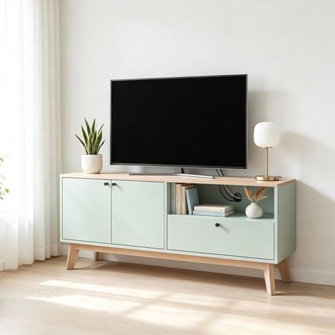 Meuble TV 120 x 35 x 50 cm, pour TV jusqu'à 36", rangement, MDF, vert clair/chêne (1/5)