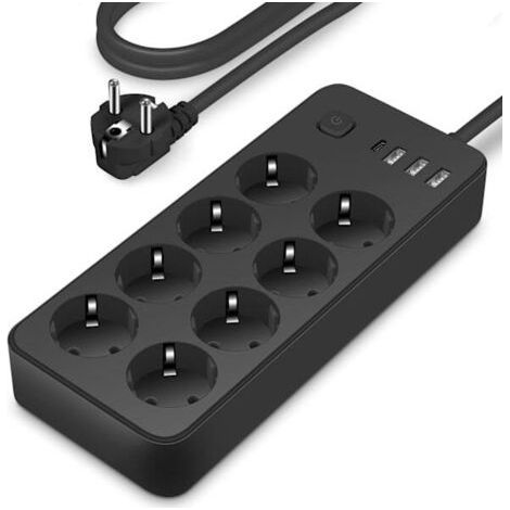Comprend une multiprise avec 1 port USB-C, 3 ports USB-A (5V 2A/12W), un protecteur de surtension et un protecteur de surtension avec interrupteur marche/arrêt câble de 1,8 mètre. (1/5)