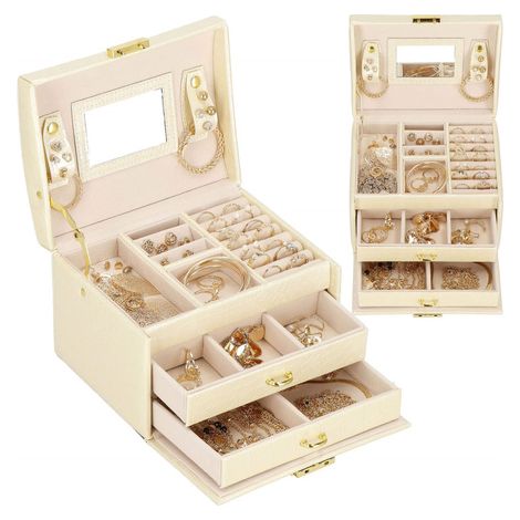 SPRINGOS Schmuckkästchen mit Spiegel Koffer mit Handgriff 17,5 x 14 x 12,5 cm Uhrenkoffer Geprägtes Kunstleder
