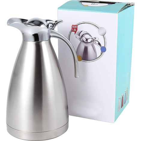 Thermo Pot,Bouilloires isolées sous vide, Carafe Thermos,théière à café en acier inoxydable Double paroi isolée sous vide Thermo Jug Bouillotte avec poignée(1.5L-Argent) (1/5)