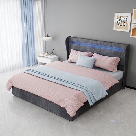 Cama tapizada moderna 160x200 cm gris, estructura de metal y tela, cabecero regulable con LED integrada (1/5)