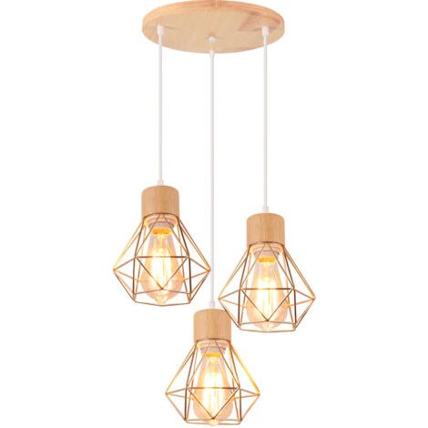 royaluxe- Lampe À Suspension Vintage Suspension Luminaire Rétro Or 3 Lumières Plafonnier D'Intérieur Moderne En Métal Et En Bois