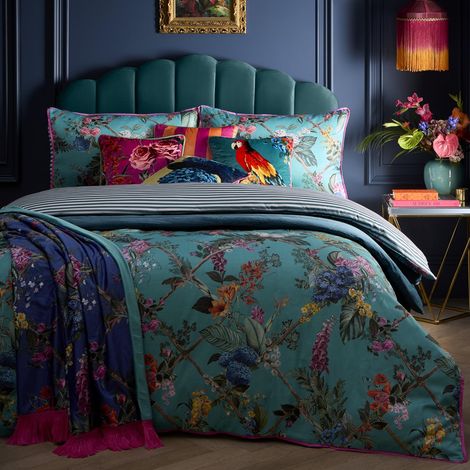Housse de Couette Motif Floral et Treillis Bleu Sarcelle King Size 230 x 220 cm Motifs réversibles 100% Coton Doux 200 Fils au Pouce carré Parure de lit (1/4)