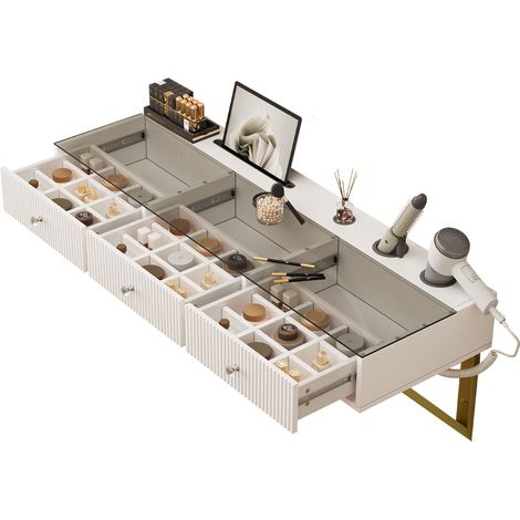 Mobiletto da toeletta sospeso con 3 cassetti, piano in vetro, porta tablet e porta bevande, bianco, 120 x 40 x 45 cm, senza specchio LED (1/4)