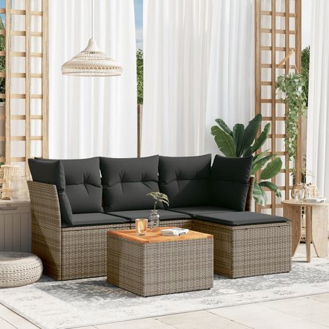 Ensemble de jardin 5 pièces résine tressée gris avec coffres et coussins, 2 fauteuils d'angle, 1 central, 1 pouf/table basse acacia (1/5)