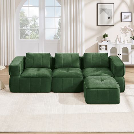 Sofá modular de 3 plazas en forma de L sin marco con 1 otomana, diseño sin marco, espuma de alta densidad 32D, cojín de asiento profundo, tejido cómodo, ideal para el salón, color verde. (1/5)