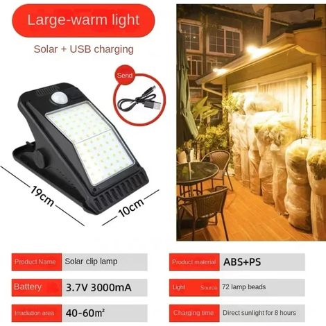 (Lumière chaude 72 LED) Nouvelles lampes solaires à pince pour extérieur, cour, jardin, terrasse, applique murale ultra-lumineuse à détection de présence humaine (1/5)