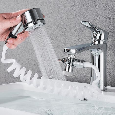 Ahlsen Rociador con manguera para ducha de mano, accesorios para rociador con manguera para enjuague de champú, adaptador de válvula de cobre de modo ajustable, sin soporte de perforación (1/5)