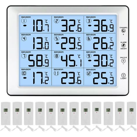 Thermomètre sans fil   à 12 capteurs, portée de 100 mètres, écran couleur HD, thermomètre numérique pour la surveillance de la température.