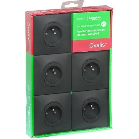 Schneider Electric – Pack de 5 prises 2P+T 16A encastré anthracite – Connexion auto complète – Plaque de finition OVALIS – Installation facile