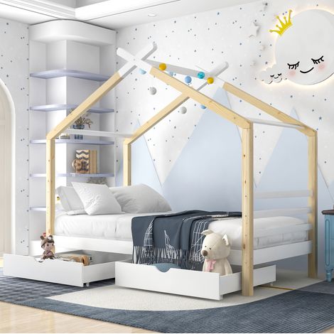 Letto a casetta 90x200 cm bianco e legno in pino massello con cassetti e rete a doghe (1/5)