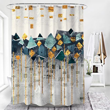 JSSEVN - Geometric Green Marble Shower Curtain 180 x 180 cm (1) Polyester Fabric Shower Curtain, Anti-Mold, Waterproof, Washable Bathroom Curtain with 12 Shower Rings and Hooks for Bathtub (1/4)
