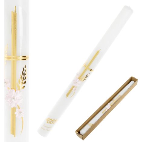 Una candela per il battesimo di una bambina con una croce dorata e fiori rosa (1/5)