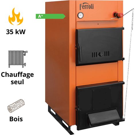 Ferroli – Chaudière bois 35 kW – Fonctionnement au bois, charbon, briquettes – Chambre de combustion 102 L – Tirage naturel sans électronique