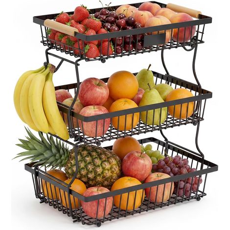 Corbeille à fruits 3 niveaux avec 2 supports à bananes, présentoir pour pommes, oignons, cuisine (1/5)